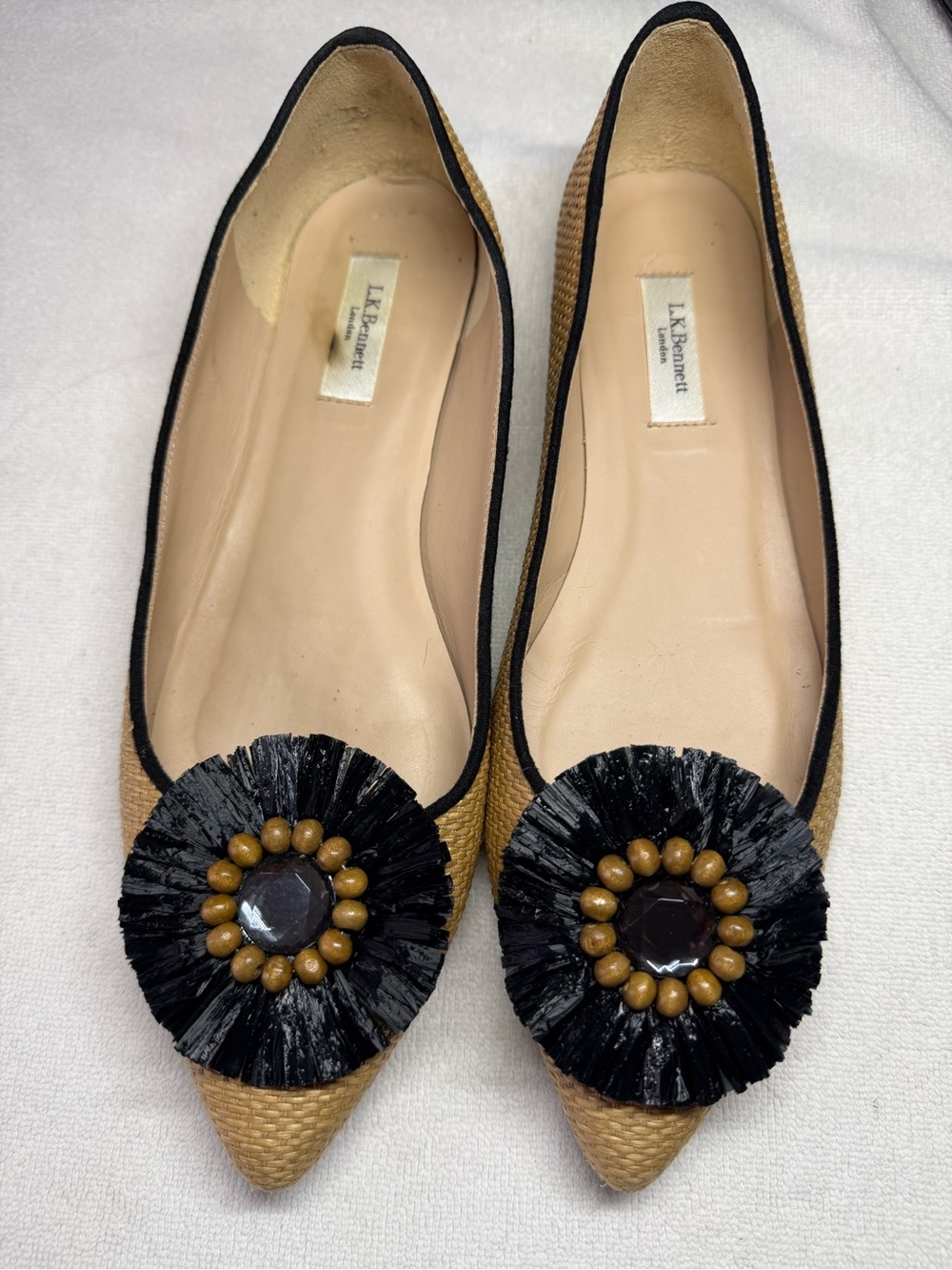 LK Bennett Tan Raffia Pointed Toe Flats with Black Floral Medallions